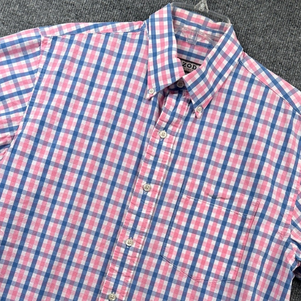 IZOD Mens Pink Blue Gingham Plaid Short Sleeve Button Down Shirt Size M Cotton